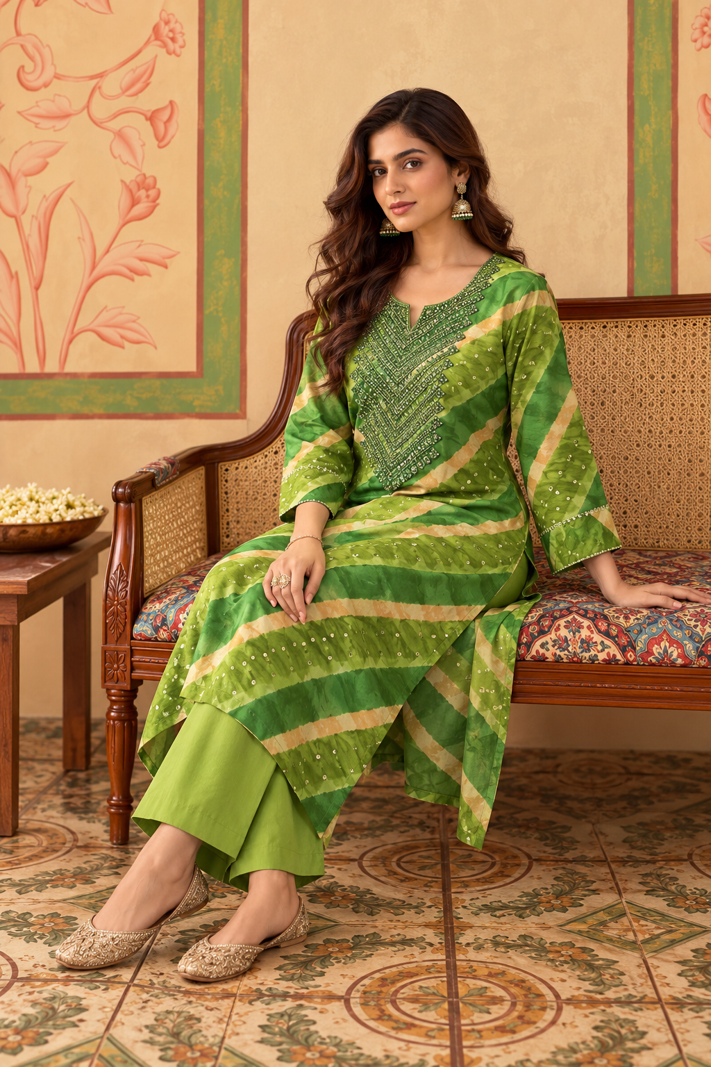 Green Muslin Printed And Mirror Work Kurta Set