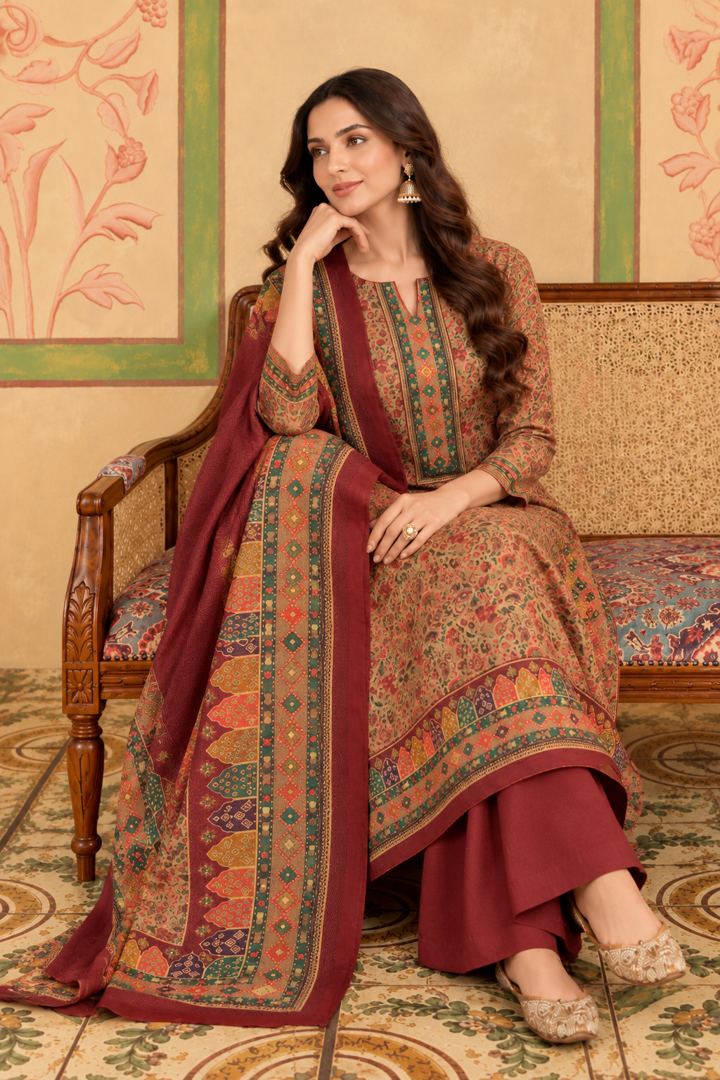 Maroon Floral Resham Woven Pashmina Unstitched Suit Material