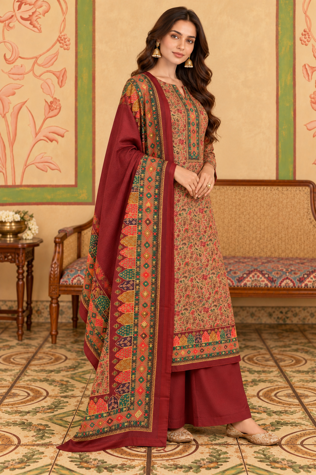 Maroon Floral Resham Woven Pashmina Unstitched Suit Material