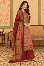Maroon Floral Resham Woven Pashmina Unstitched Suit Material