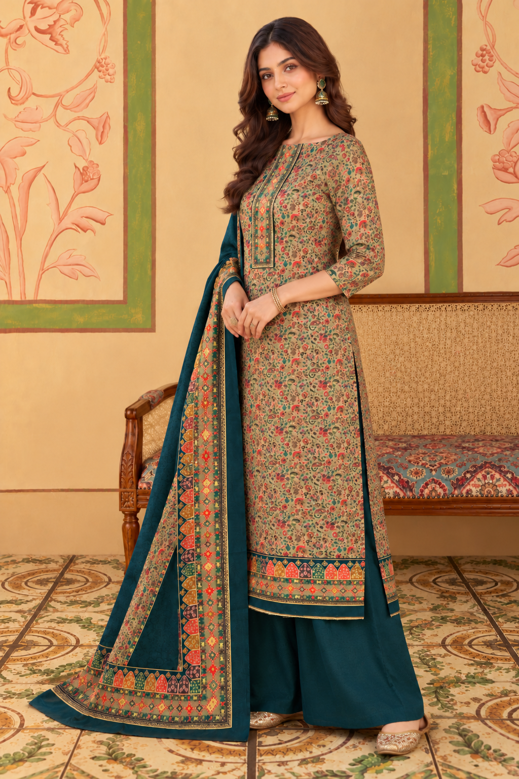 Bottle Green Floral Resham Woven Pashmina Unstitched Suit Material