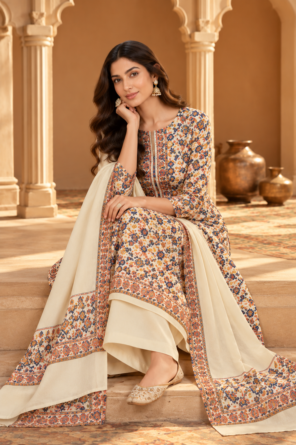 Cream Floral Resham Woven Pashmina Unstitched Suit Fabric