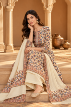 Cream Floral Resham Woven Pashmina Unstitched Suit Fabric