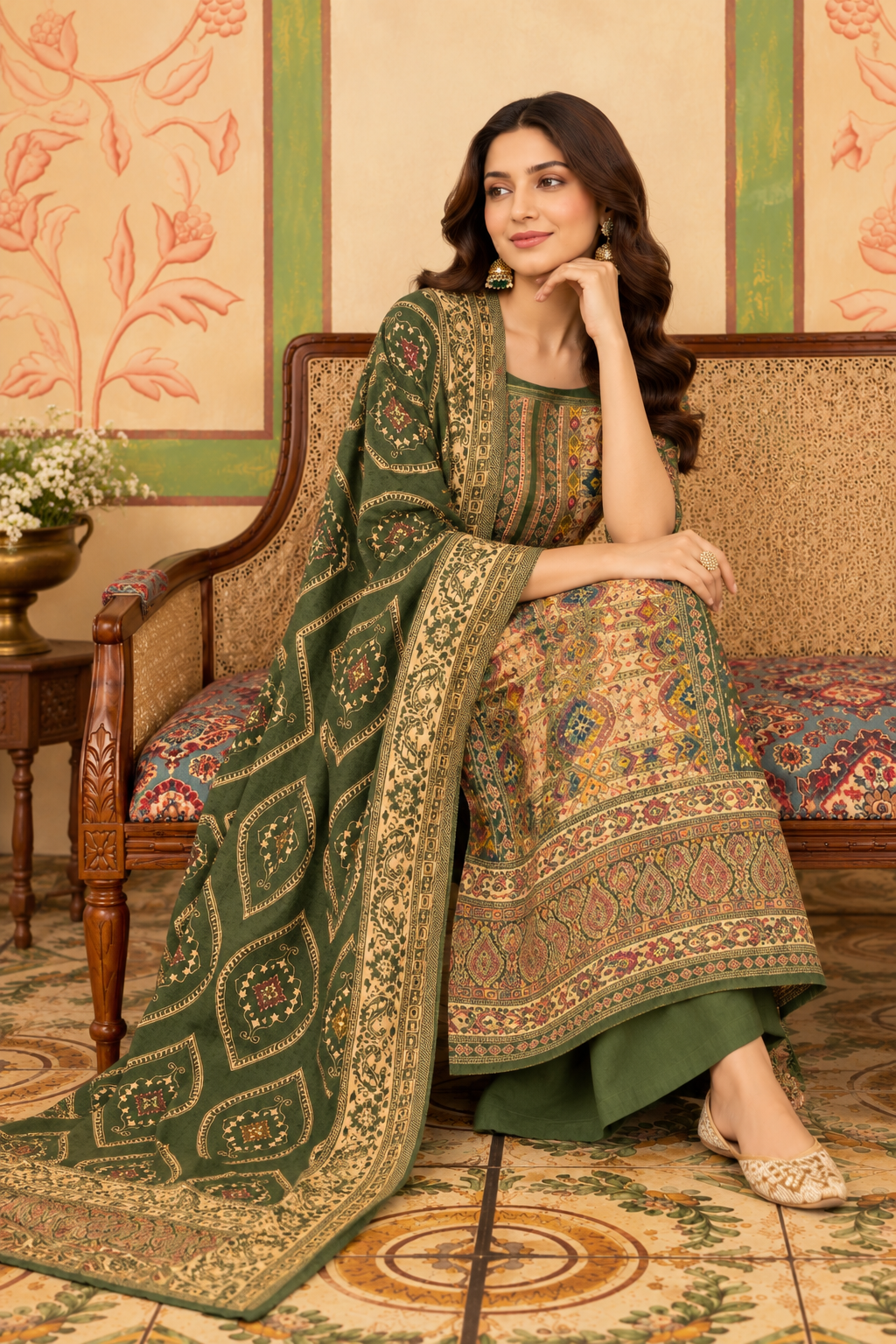 Green Resham Woven Pashmina Unstitched Suit Material