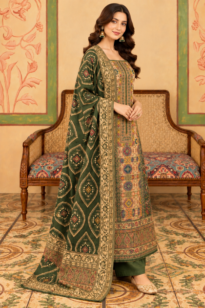 Green Resham Woven Pashmina Unstitched Suit Material