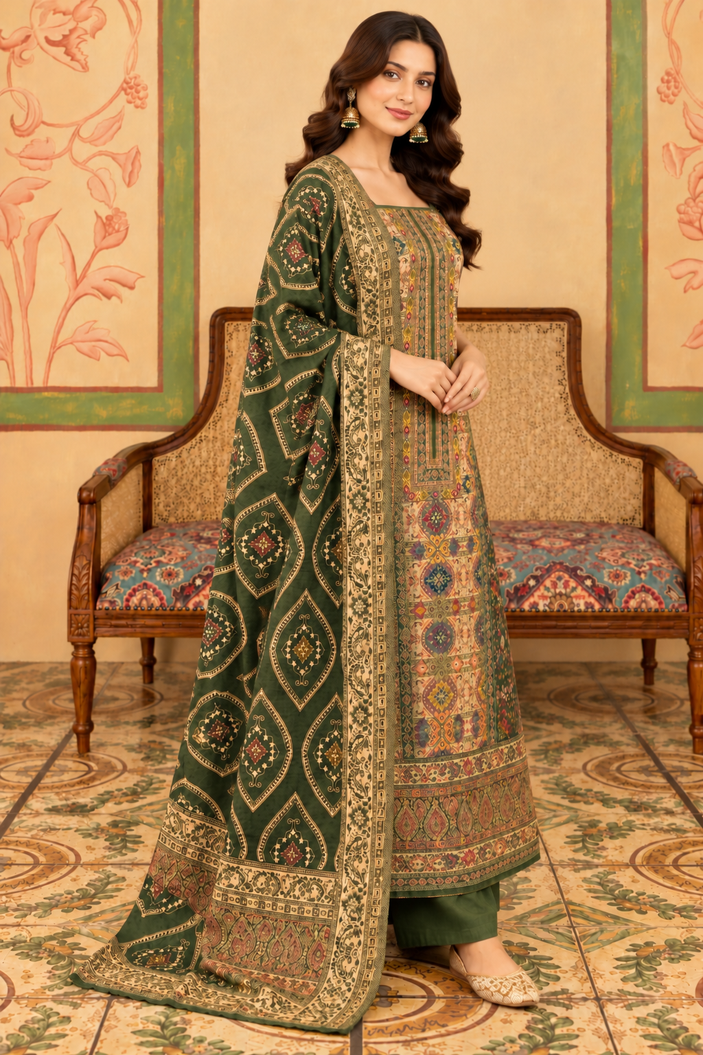Green Resham Woven Pashmina Unstitched Suit Material
