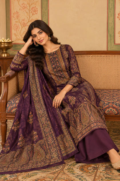 Wine Velvet Printed Unstitched Suit Material