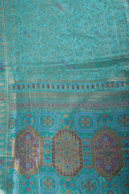 Teal Blue Baluchari Silk Meenakari Woven Saree