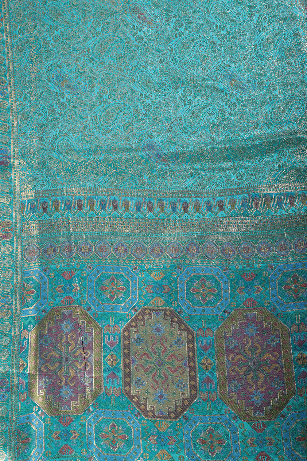 Teal Blue Baluchari Silk Meenakari Woven Saree