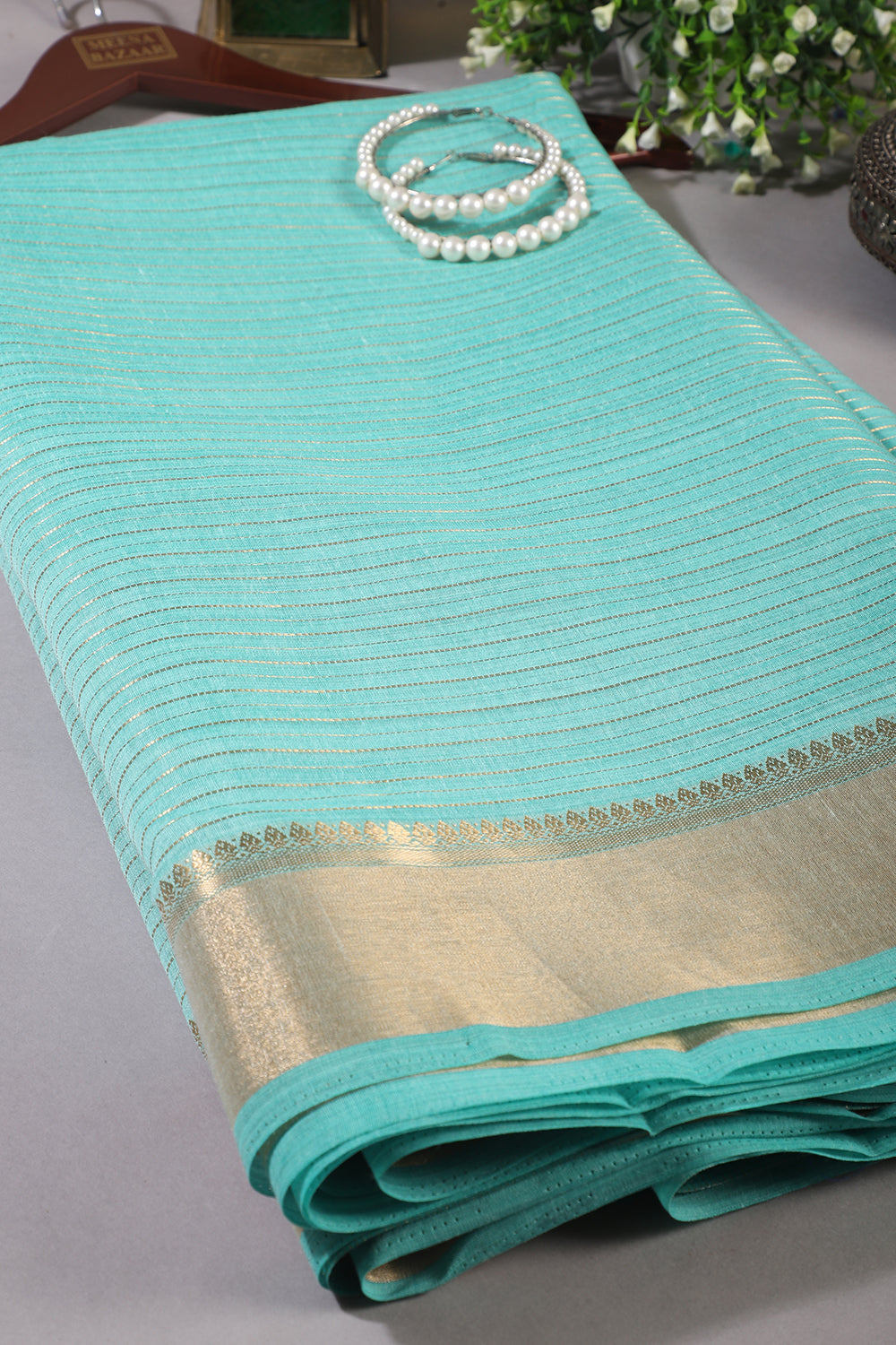 Turquoise Color Cotton Zari Embroidered and Woven Saree