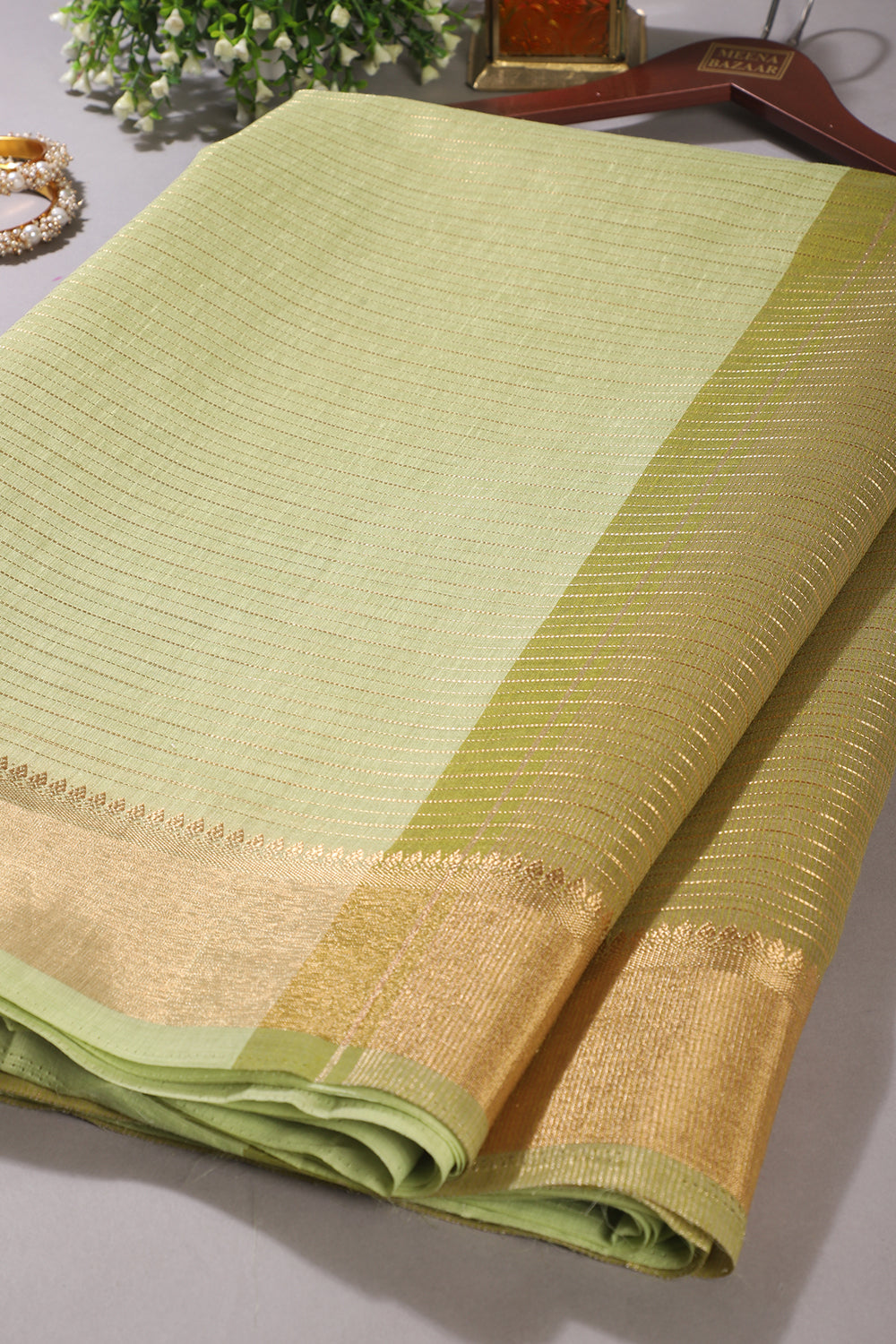 Pista Green Color Cotton Zari Embroidered and Woven Saree