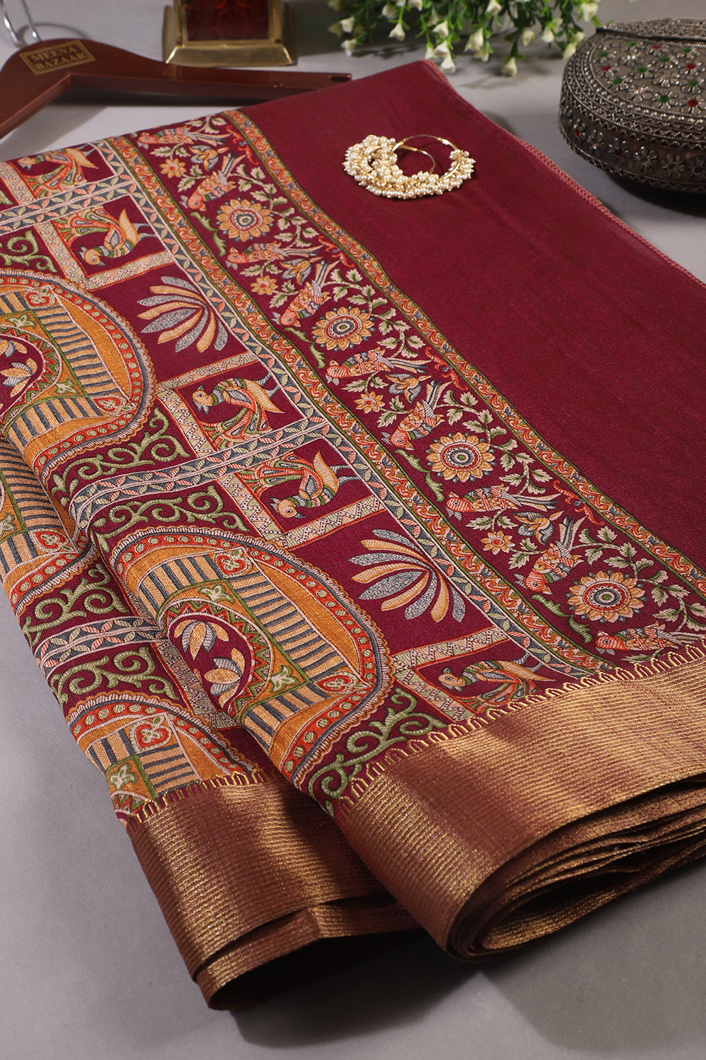 Wine Color Cotton Traditional Printed Saree