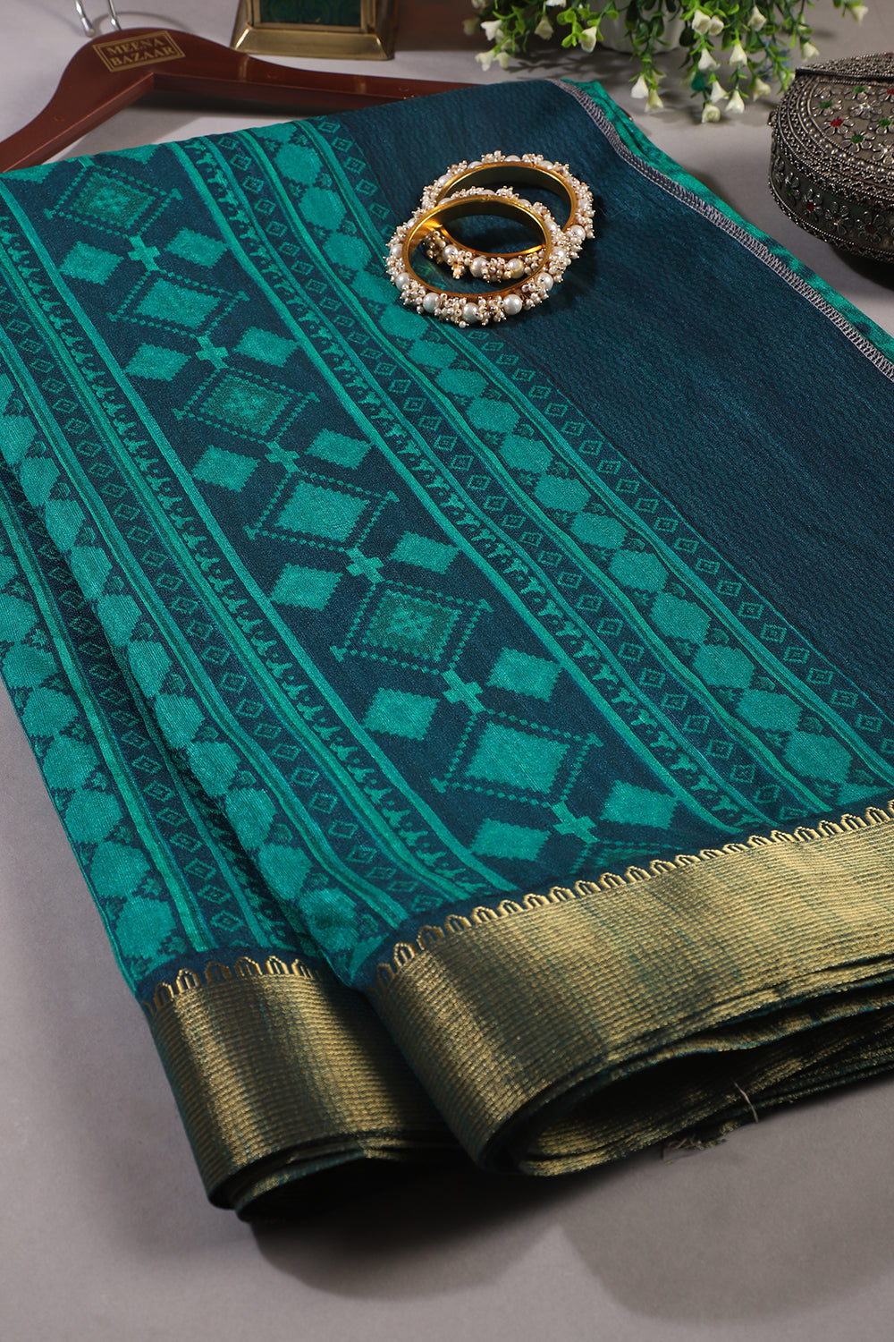 Teal Green Colour Printed Cotton Silk Saree