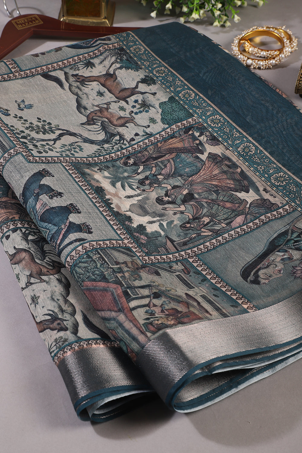 Teal Color Printed Organza Saree