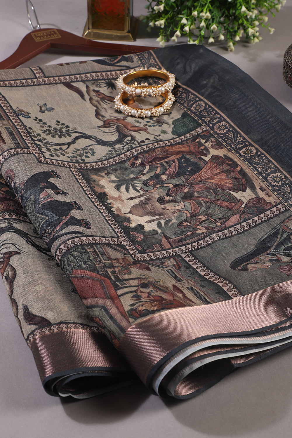 Greenish Grey Color Printed Organza Saree