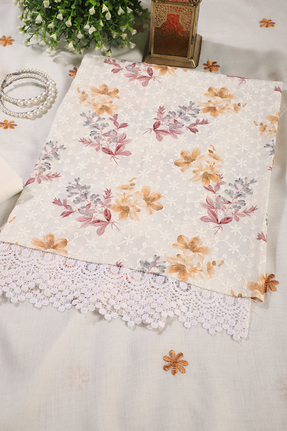 White & Mustard Color Cotton Floral Printed & Resham Embroidered Unstitched Suit Fabric