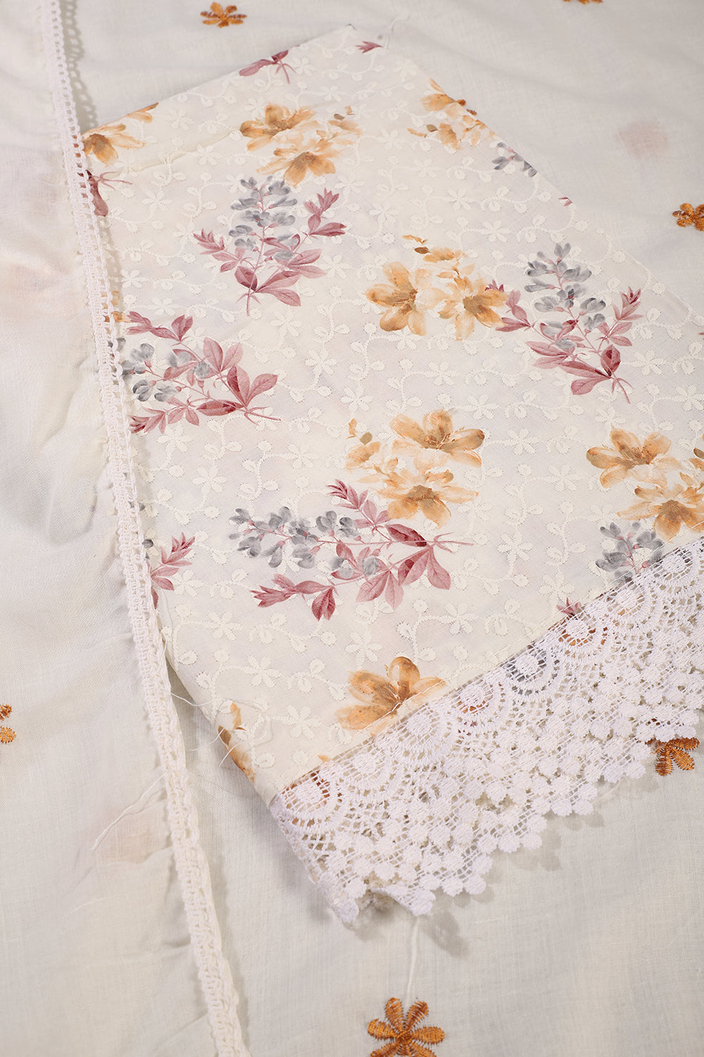 White & Mustard Color Cotton Floral Printed & Resham Embroidered Unstitched Suit Fabric