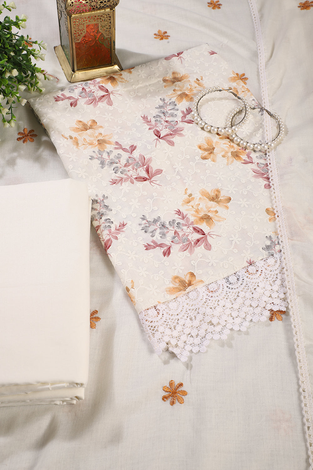 White & Mustard Color Cotton Floral Printed & Resham Embroidered Unstitched Suit Fabric