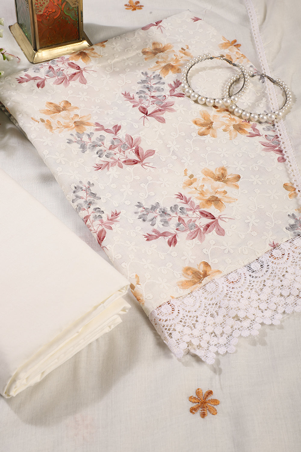 White & Mustard Color Cotton Floral Printed & Resham Embroidered Unstitched Suit Fabric