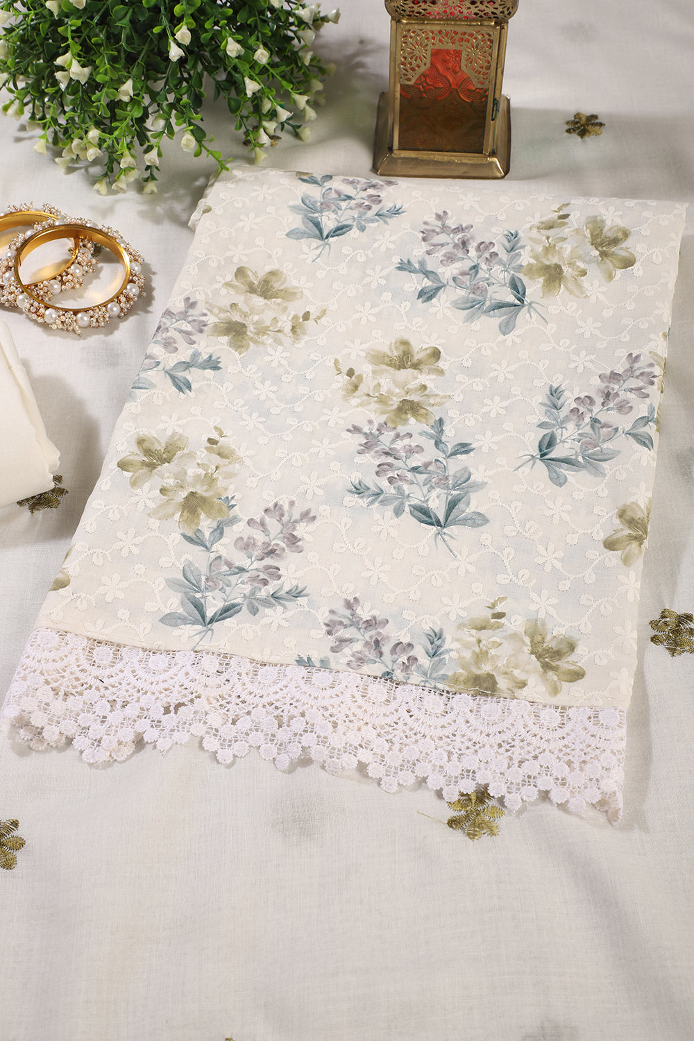 White & Green Color Cotton Floral Printed & Resham Embroidered Unstitched Suit Fabric