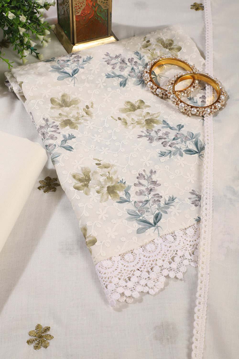 White & Green Color Cotton Floral Printed & Resham Embroidered Unstitched Suit Fabric