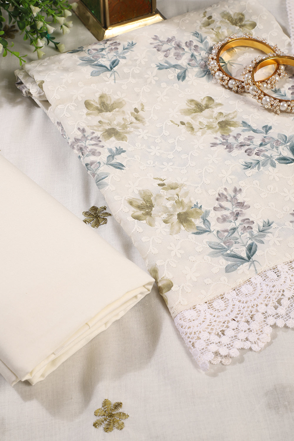 White & Green Color Cotton Floral Printed & Resham Embroidered Unstitched Suit Fabric