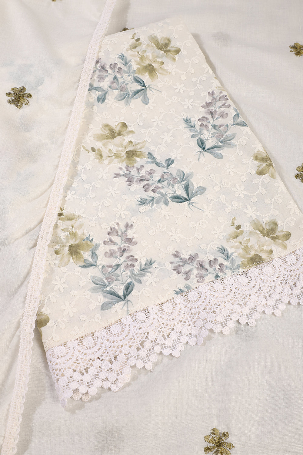 White & Green Color Cotton Floral Printed & Resham Embroidered Unstitched Suit Fabric