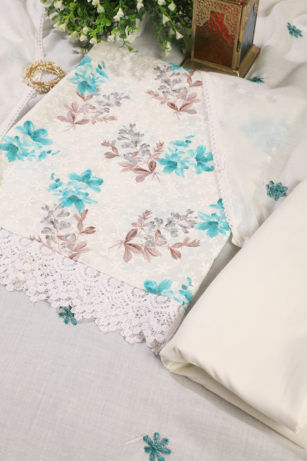 White & Teal Color Cotton Floral Printed & Resham Embroidered Unstitched Suit Fabric