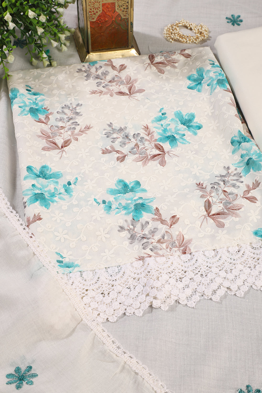 White & Teal Color Cotton Floral Printed & Resham Embroidered Unstitched Suit Fabric
