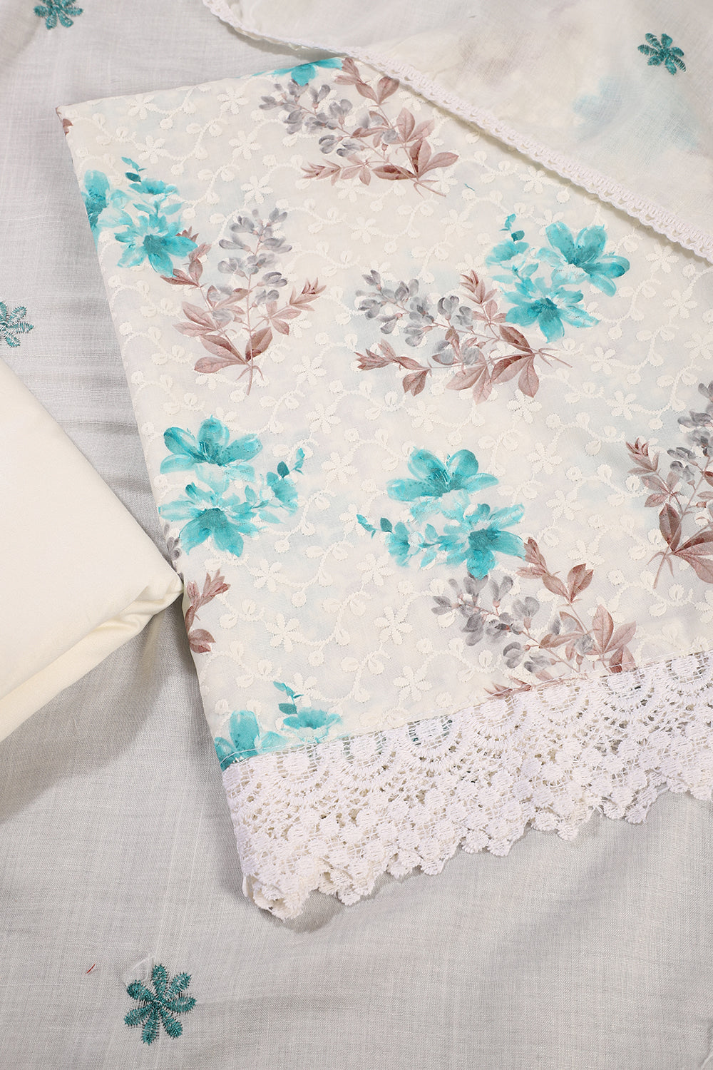 White & Teal Color Cotton Floral Printed & Resham Embroidered Unstitched Suit Fabric