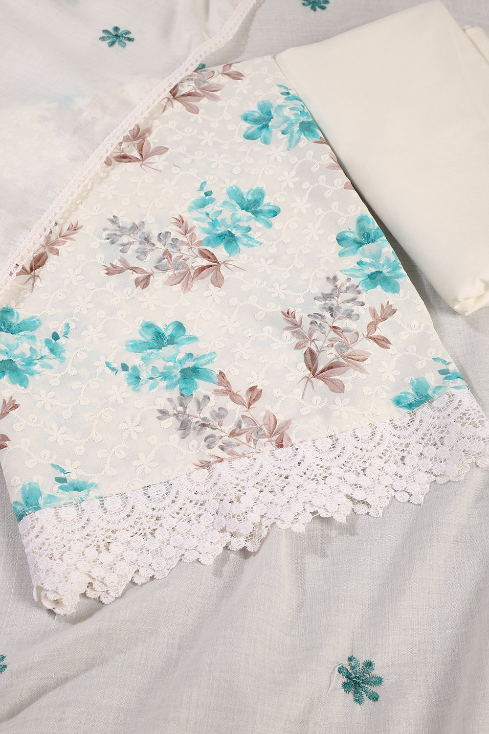 White & Teal Color Cotton Floral Printed & Resham Embroidered Unstitched Suit Fabric