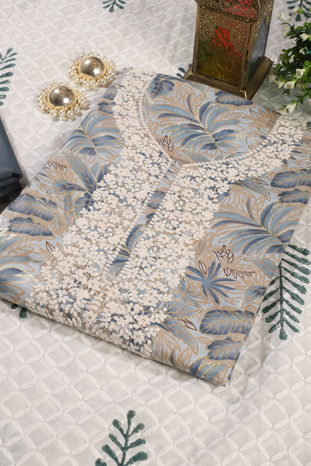 Greyish Blue Cotton Printed & Resham Neck Embroidered Unstitched Suit Fabric