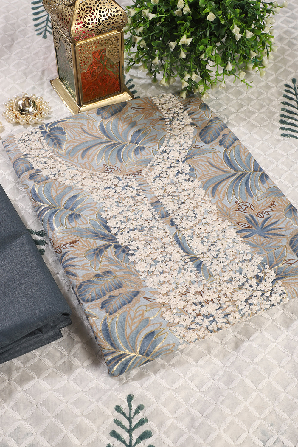 Greyish Blue Cotton Printed & Resham Neck Embroidered Unstitched Suit Fabric