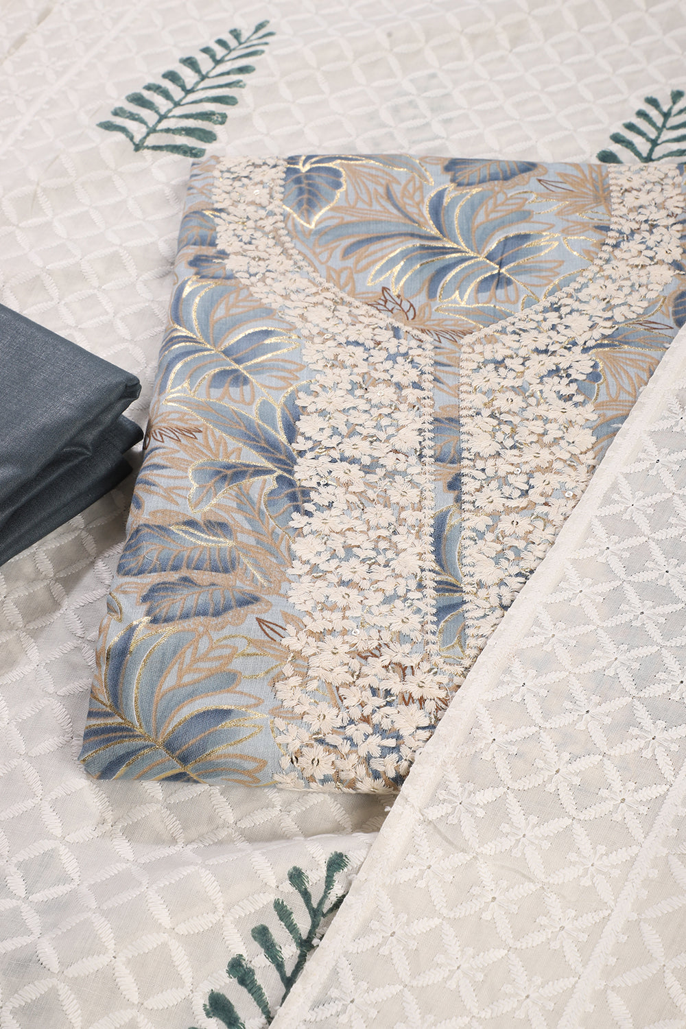 Greyish Blue Cotton Printed & Resham Neck Embroidered Unstitched Suit Fabric