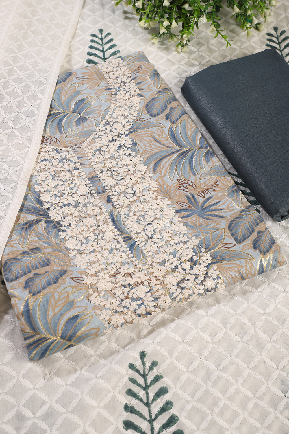 Greyish Blue Cotton Printed & Resham Neck Embroidered Unstitched Suit Fabric