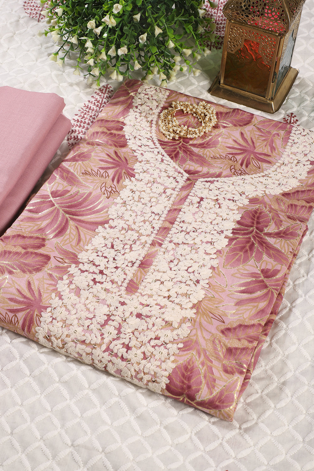 Dusty Pink Cotton Printed & Resham Neck Embroidered Unstitched Suit Fabric