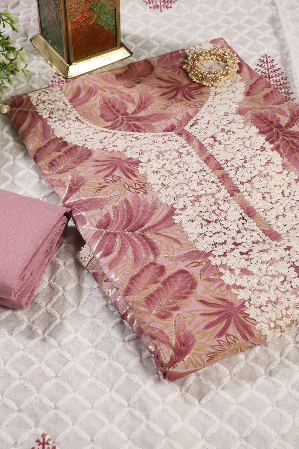 Dusty Pink Cotton Printed & Resham Neck Embroidered Unstitched Suit Fabric