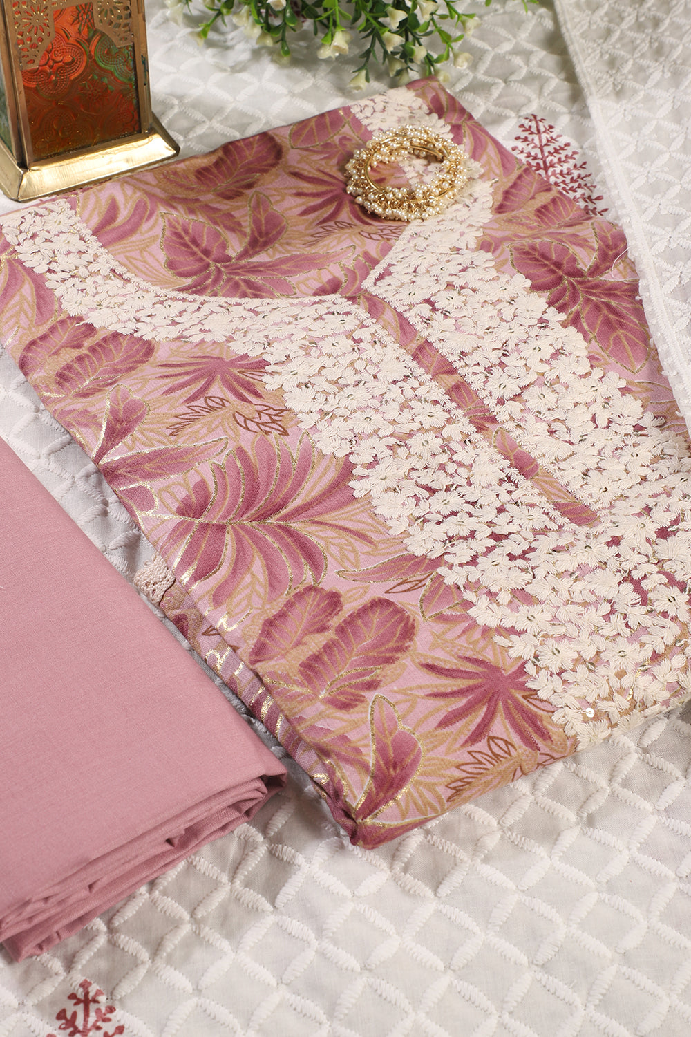 Dusty Pink Cotton Printed & Resham Neck Embroidered Unstitched Suit Fabric