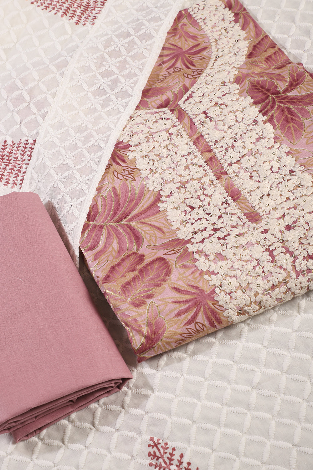 Dusty Pink Cotton Printed & Resham Neck Embroidered Unstitched Suit Fabric