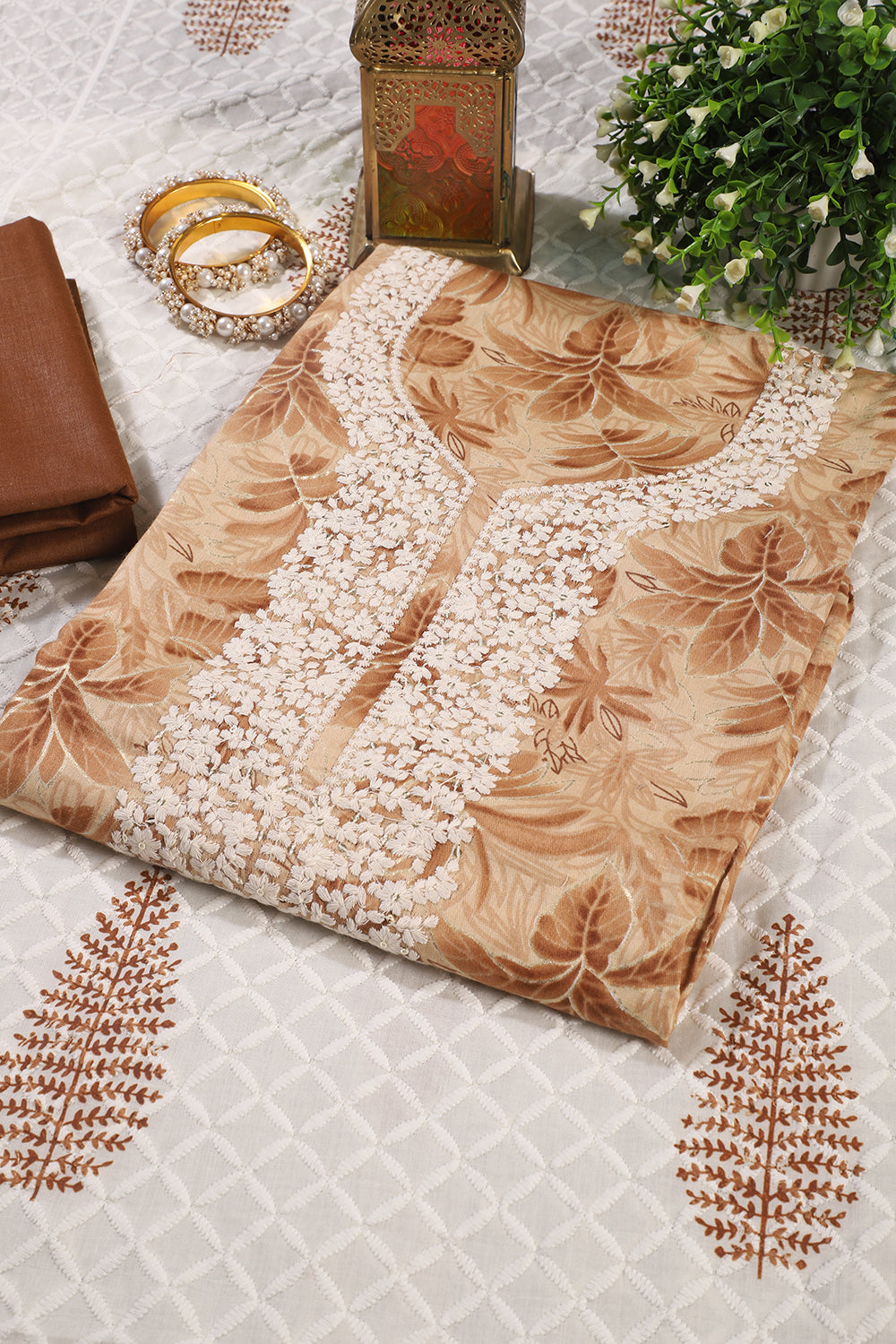 Brown Cotton Printed & Resham Neck Embroidered Unstitched Suit Fabric