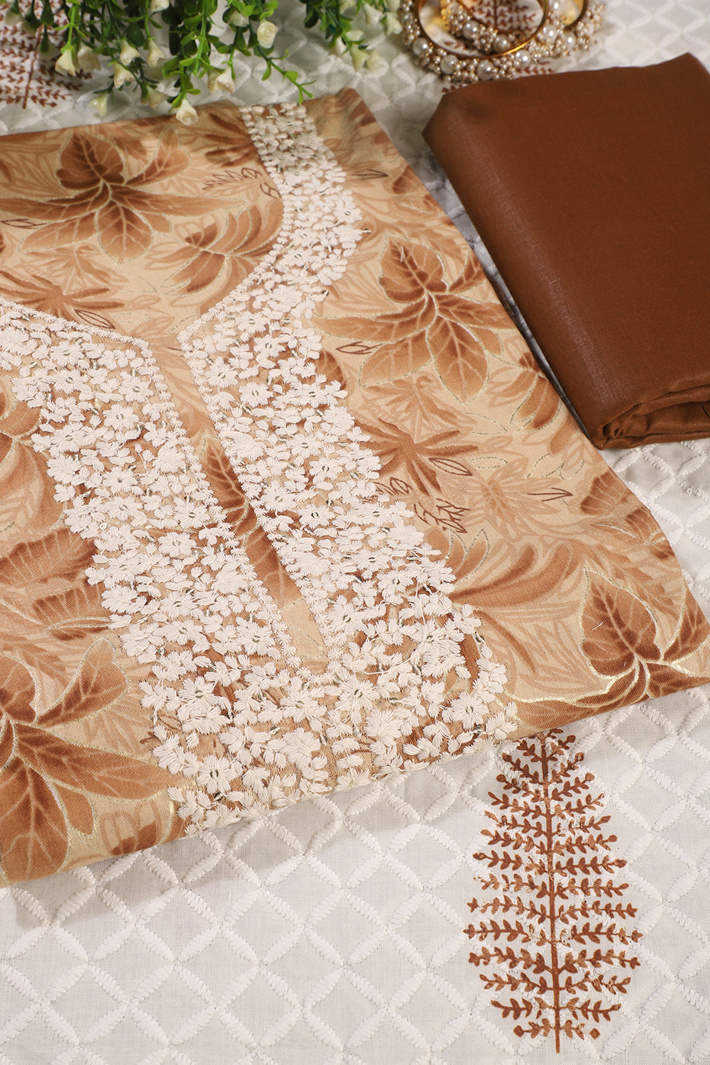 Brown Cotton Printed & Resham Neck Embroidered Unstitched Suit Fabric