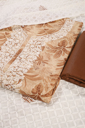 Brown Cotton Printed & Resham Neck Embroidered Unstitched Suit Fabric