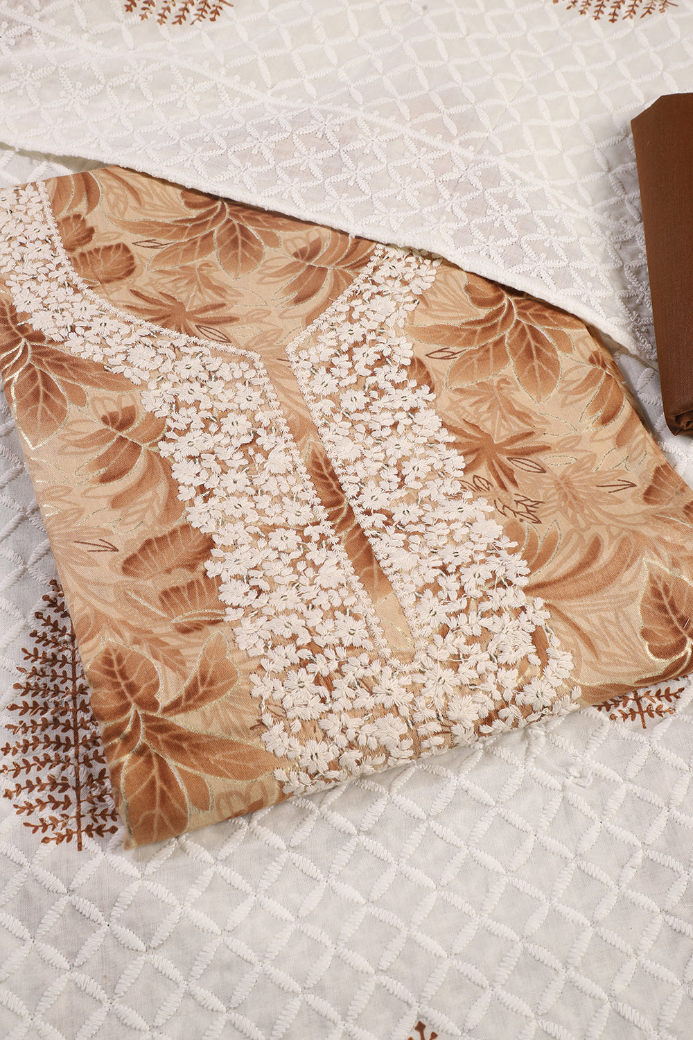 Brown Cotton Printed & Resham Neck Embroidered Unstitched Suit Fabric
