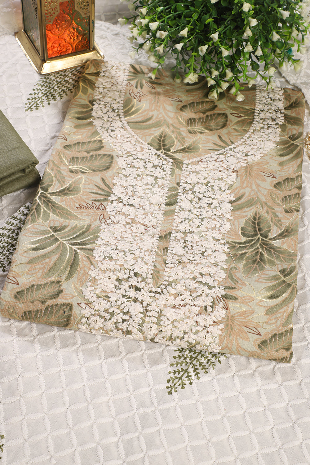 Green Cotton Printed & Resham Neck Embroidered Unstitched Suit Fabric