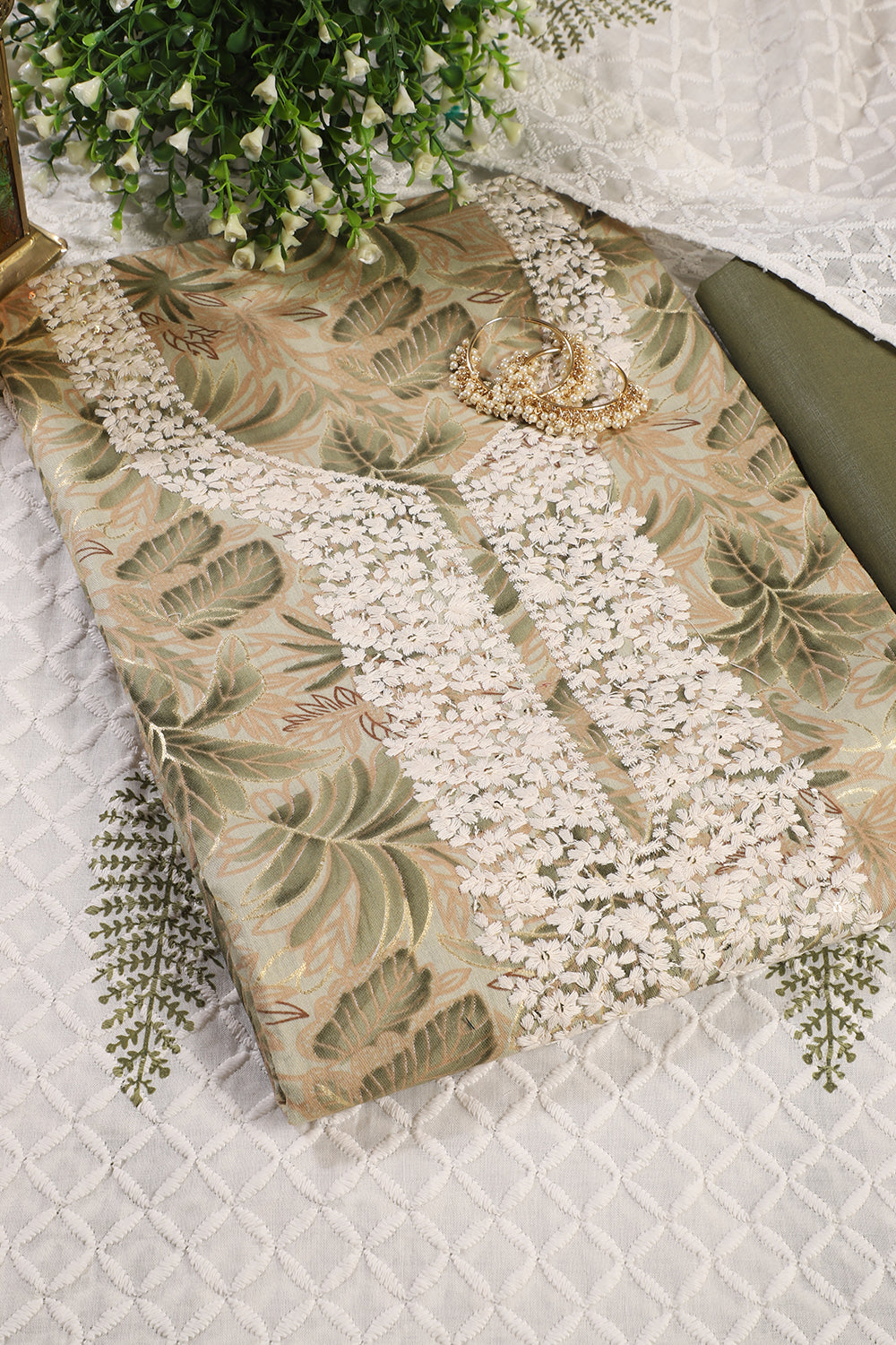 Green Cotton Printed & Resham Neck Embroidered Unstitched Suit Fabric