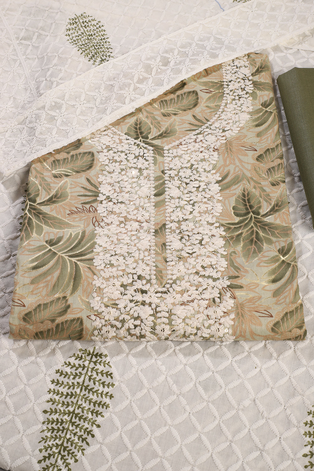 Green Cotton Printed & Resham Neck Embroidered Unstitched Suit Fabric