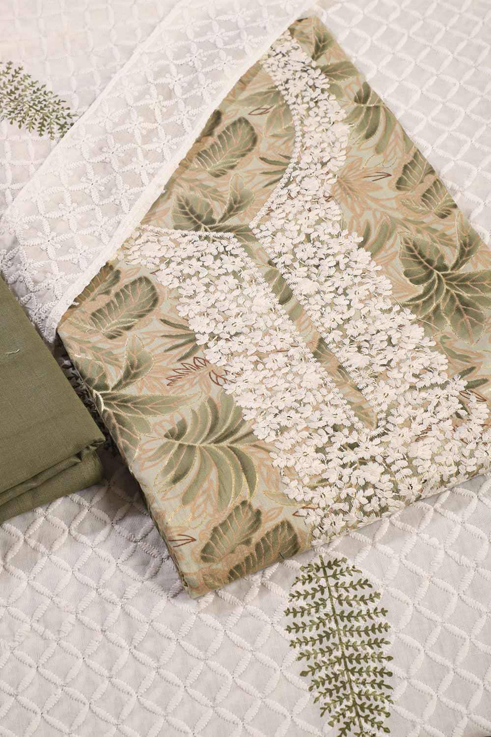 Green Cotton Printed & Resham Neck Embroidered Unstitched Suit Fabric