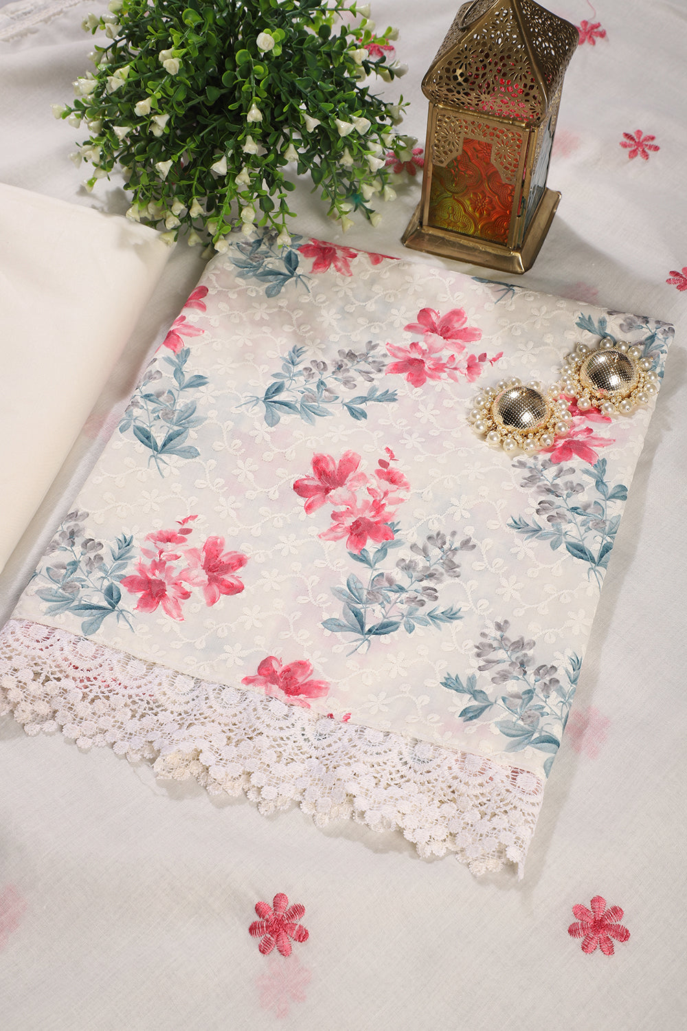 White & Cherry Color Cotton Floral Printed & Resham Embroidered Unstitched Suit Fabric