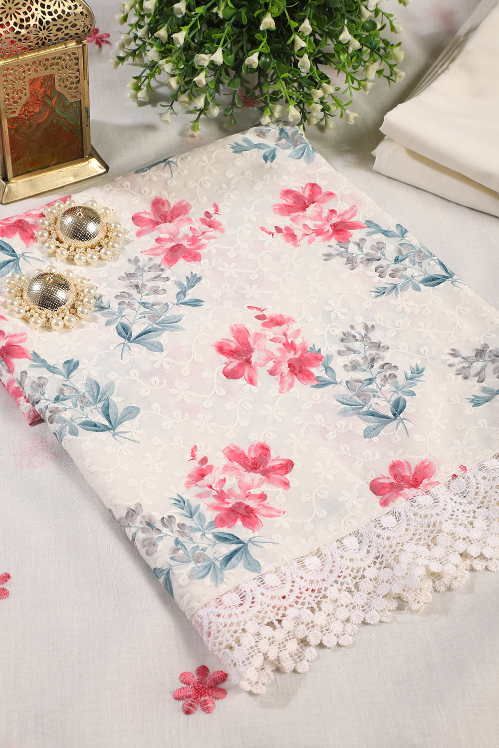 White & Cherry Color Cotton Floral Printed & Resham Embroidered Unstitched Suit Fabric
