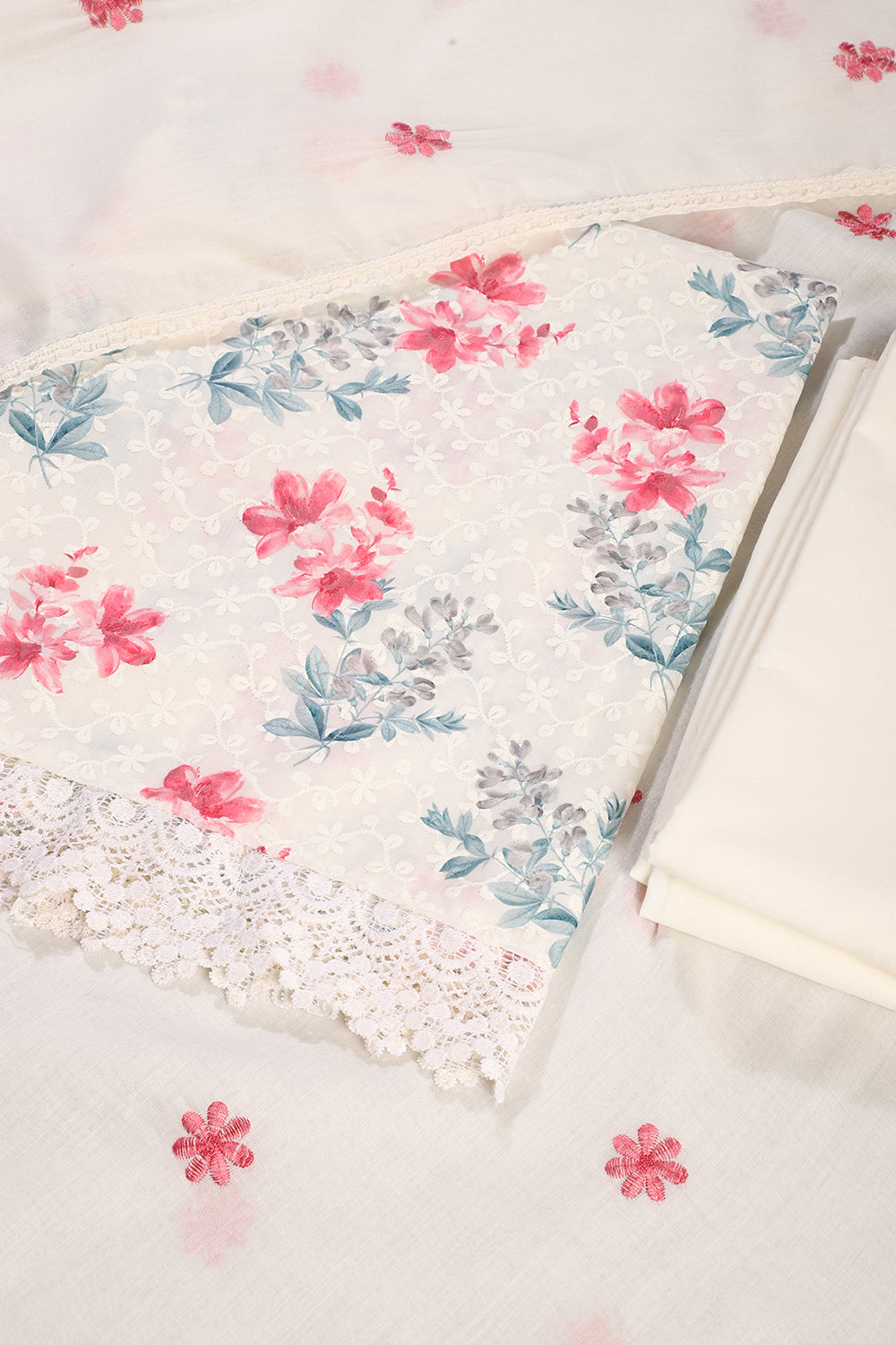 White & Cherry Color Cotton Floral Printed & Resham Embroidered Unstitched Suit Fabric